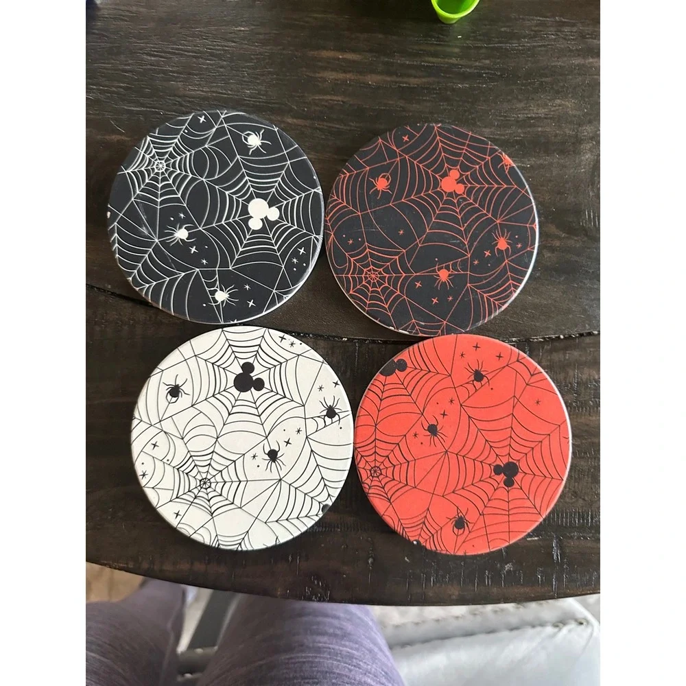 Disney Halloween Spiderweb Coasters Set of 4 Black‎ Orange  Holiday Decor NWOT